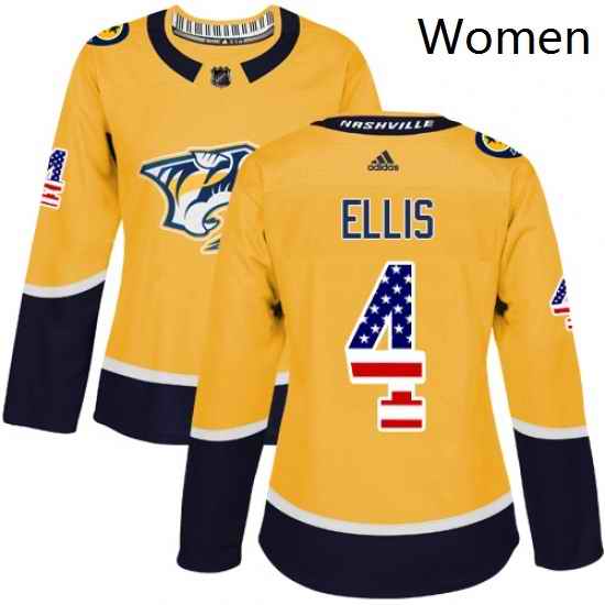 Womens Adidas Nashville Predators 4 Ryan Ellis Authentic Gold USA Flag Fashion NHL Jersey